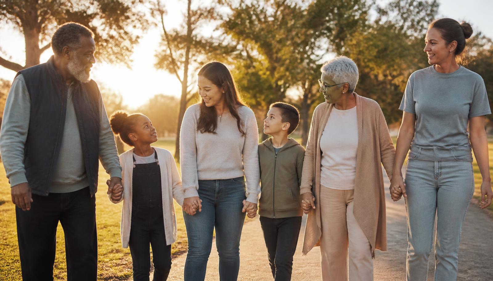 Una famiglia cammina mano nella mano in un parco al tramonto